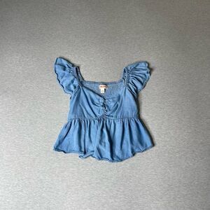 One Star Women's Denim Lyocell Cropped Ruched Smocked Babydoll Top